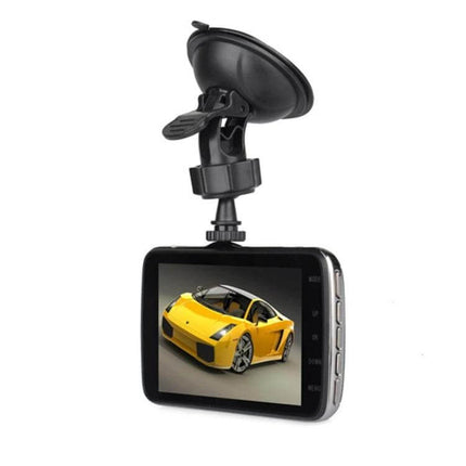 Car Dash Cam with 4-Inch Display for Vehicle Recording mounted with suction cup showing playback of recorded yellow sports car