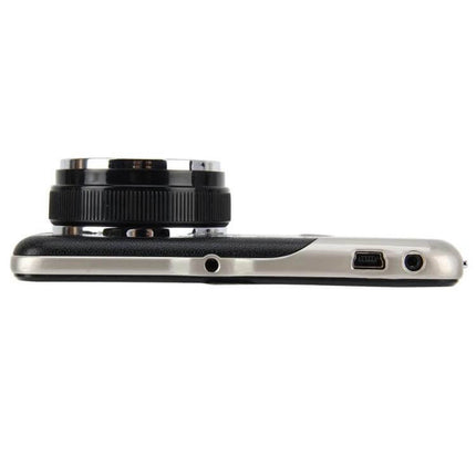 Car Dash Cam with 4-Inch Display for Vehicle Recording showing slim side profile, lens and ports for in-car video monitoring