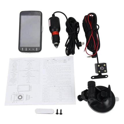 Car Dash Cam with 4-Inch Display for Vehicle Recording showing unit, power cable, rear camera, suction mount and manual