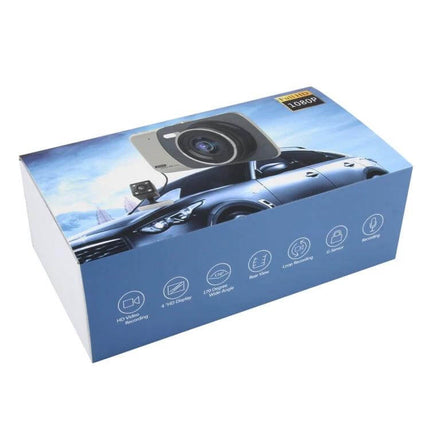 Car Dash Cam with 4-Inch Display for Vehicle Recording showing product box and camera for in-car video monitoring