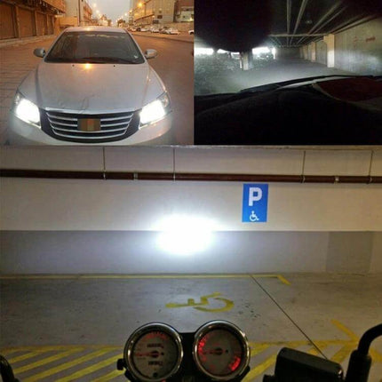 Two Pack Car LED Headlight Bulbs For DRL And Night Driving - bright CANBUS COB LEDs showing wide even beam on car and parking garage