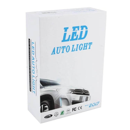 Two Pack Car LED Headlight Bulbs For DRL And Night Driving - white retail box showing LED Auto Light packaging with car image and certifications