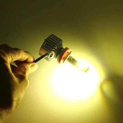 Two Pack Car LED Headlight Bulbs For DRL And Night Driving bright CANBUS-compatible COB LED bulb shown lit in hand