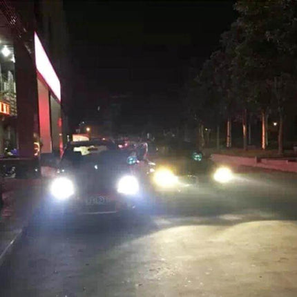 Two Pack Car LED Headlight Bulbs For DRL And Night Driving - cars at night showing bright DRL and headlights illuminating road