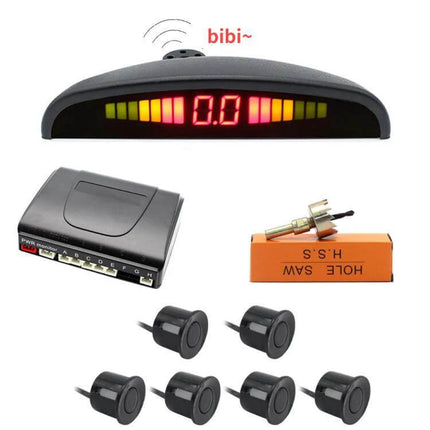 Rear Parking Sensor System with Buzzer and 6 Rear Radars for Cars - display unit, control box and six black rear radar sensors with buzzer