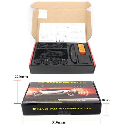Rear Parking Sensor System with Buzzer and 6 Rear Radars for Cars - boxed kit with 6 sensors, buzzer module and wiring for rear obstacle detection