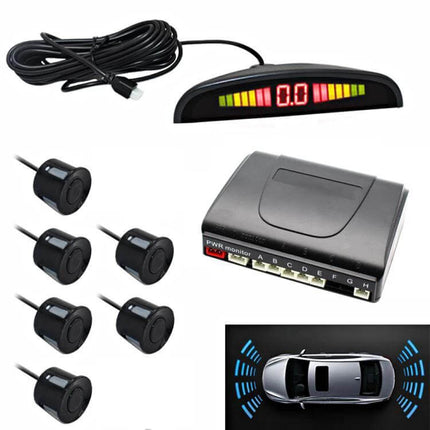Rear Parking Sensor System with Buzzer and 6 Rear Radars for Cars - LED display, control box and six black radar sensors for parking assistance