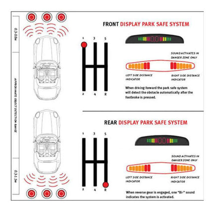 Rear Parking Sensor System with Buzzer and 6 Rear Radars for Cars - diagram showing six rear radars, buzzer and visual display for obstacle detection
