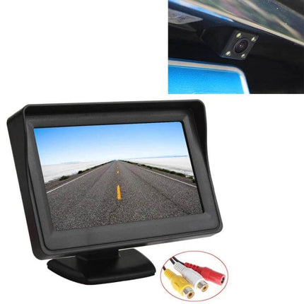 4.3 Inch TFT LCD Parking Monitor with Rear View Camera showing road view on screen and small rear camera with video RCA cables