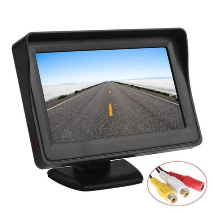 4.3 Inch TFT LCD Parking Monitor with Rear View Camera displaying road view, wide-angle rear camera feed and RCA video/audio connectors