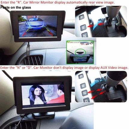 4.3 Inch TFT LCD Parking Monitor with Rear View Camera showing rear camera live feed and parking guidelines mounted on car dashboard