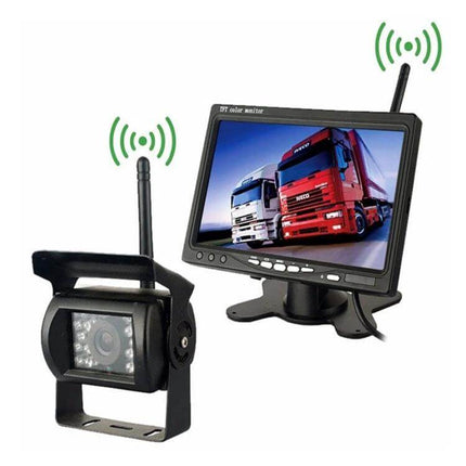 Wireless Infrared Night Vision Backup Camera for Trucks and RVs showing wireless camera and monitor with trucks on screen