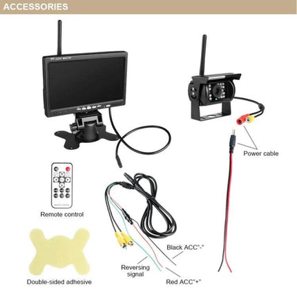 Wireless Infrared Night Vision Backup Camera for Trucks and RVs shown with monitor, camera, wiring harness, remote and adhesive for easy truck/RV installation