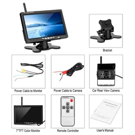 Wireless Infrared Night Vision Backup Camera for Trucks and RVs with 7" TFT monitor, wireless 2.4GHz kit, bracket, cables, remote and manual