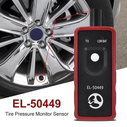Tire Pressure Monitoring Sensor for Ford Vehicle Safety Systems - EL-50449 TPMS reset tool beside Ford wheel