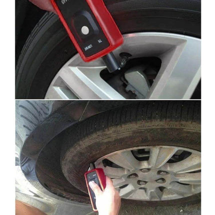 Tire Pressure Monitoring Sensor for Ford Vehicle Safety Systems being reset with a handheld tool at a Ford wheel