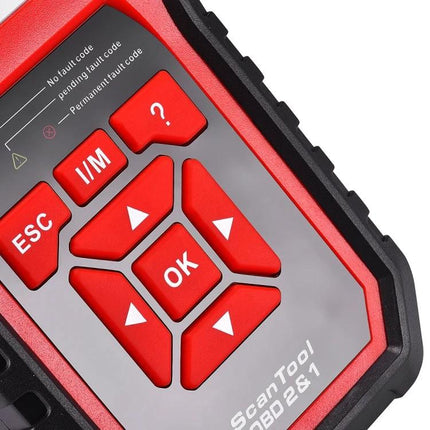 KONNWEI Scanner for Everyday Car Maintenance Checks - close-up of red directional buttons on OBD2 scan tool showing ESC, OK, I/M controls