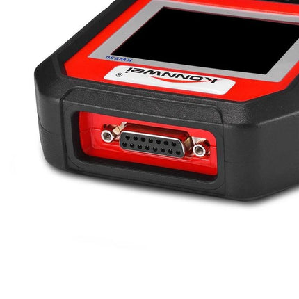 KONNWEI Scanner for Everyday Car Maintenance Checks plugged into OBD2-style port showing diagnostic connector and red black handheld unit