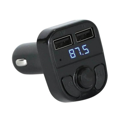 X8 Car MP3 Wireless FM Transmitter With Digital Display showing USB ports and 87.5 frequency on blue LED screen