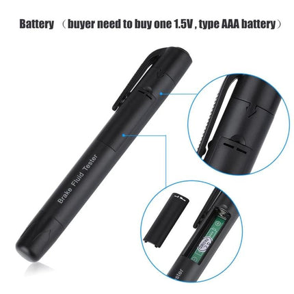 Brake Fluid Tester for Everyday Vehicle Maintenance - compact five-LED pen style tester with AAA battery compartment for quick brake fluid water level checks