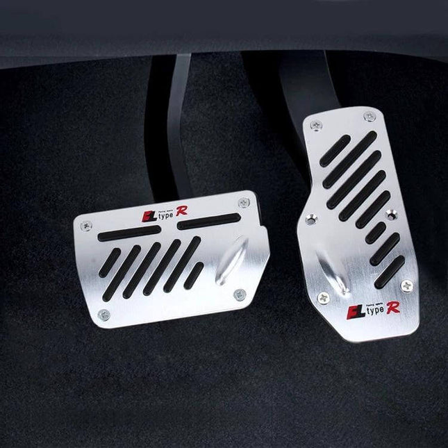 Universal Non-Slip Pedal Pad Set for Car and Truck Driving stainless steel rubber grip accelerator and brake pedals shown installed