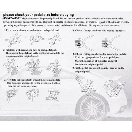 Universal Non-Slip Pedal Pad Set for Car and Truck Driving installation instructions sheet showing fitting steps and measurements