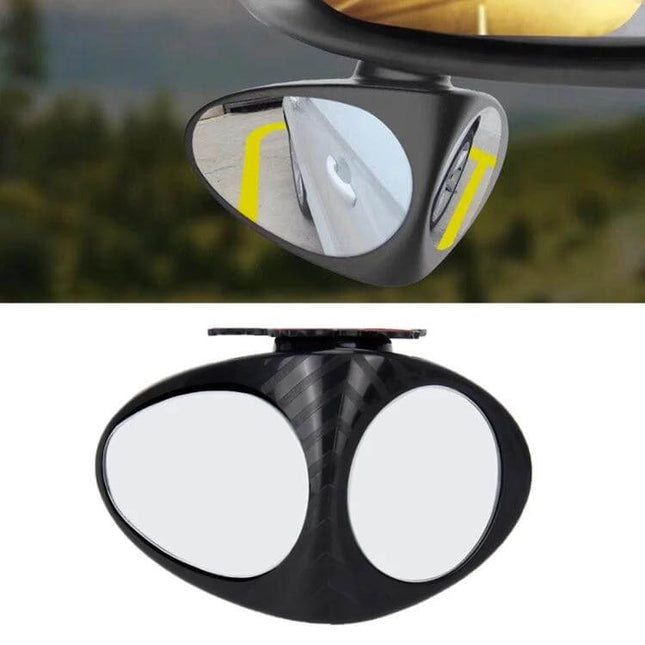 Left Blind Spot Mirror for Cars with Rotatable Design mounted on left side showing dual convex lenses and rotatable housing for reduced front-wheel blind spots