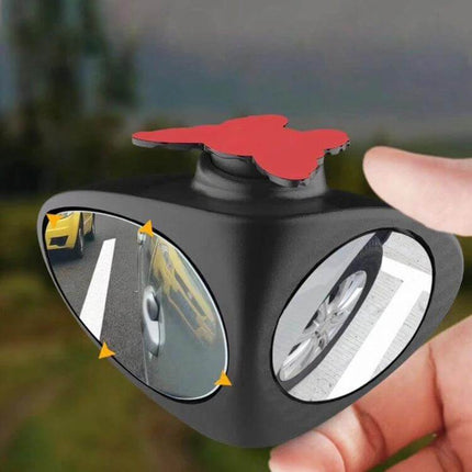 Left Blind Spot Mirror for Cars with Rotatable Design - compact dual-angle adhesive mirror showing traffic and wheel view