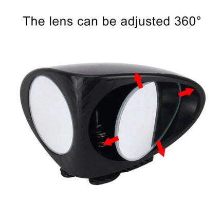 Left Blind Spot Mirror for Cars with Rotatable Design showing 360° adjustable dual lenses on black mount for left-side driving