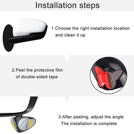 Left Blind Spot Mirror for Cars with Rotatable Design showing installation steps: clean location, peel double-sided tape, paste and adjust angle