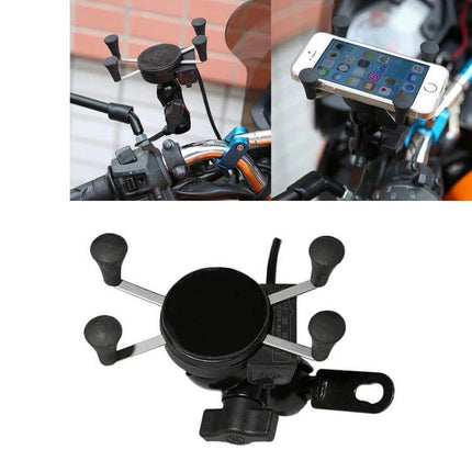 12V Motorcycle USB Phone Charger with Holder for Smartphones mounted on motorcycle handlebar holding a smartphone securely