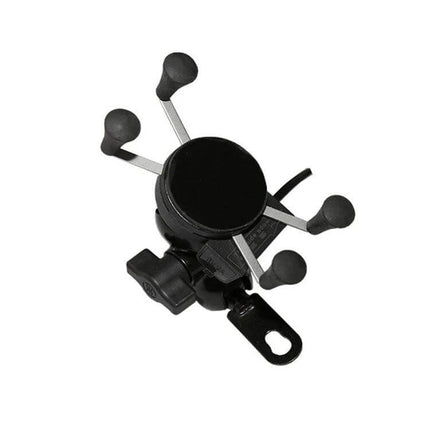 12V Motorcycle USB Phone Charger with Holder for Smartphones mounted on motorcycle handlebar with secure grip and wiring