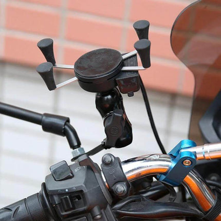 12V Motorcycle USB Phone Charger with Holder for Smartphones mounted on motorcycle handlebar showing adjustable holder and wiring