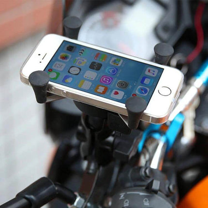 12V Motorcycle USB Phone Charger with Holder for Smartphones mounted on motorcycle handlebar holding a smartphone securely