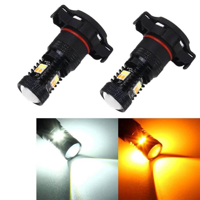 PSX24W Car Fog Lights, 2 Pack, White And Yellow Light - dual-color LED fog bulbs showing white and yellow output for improved visibility