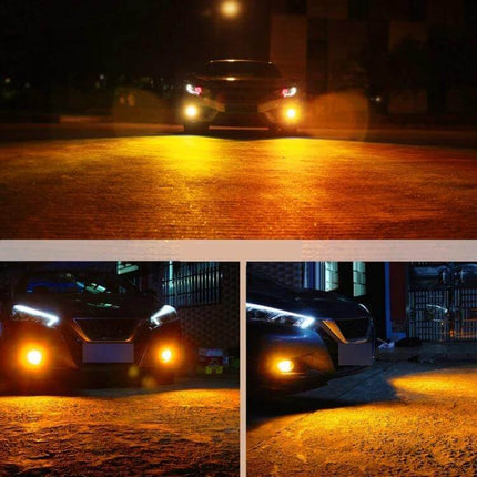 PSX24W Car Fog Lights, 2 Pack, White And Yellow Light - front car with white and yellow fog lights illuminating road at night