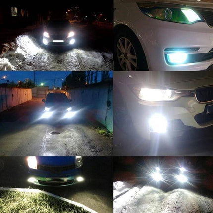 PSX24W Car Fog Lights, 2 Pack, White And Yellow Light - dual-color fog lamp set shown installed on multiple cars improving visibility in foggy conditions