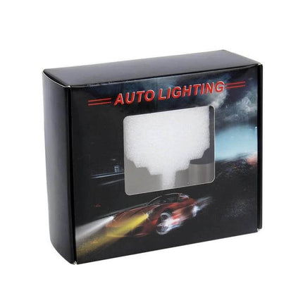 PSX24W Car Fog Lights, 2 Pack, White And Yellow Light packaged in black AUTO LIGHTING box with window showing bulb foam insert
