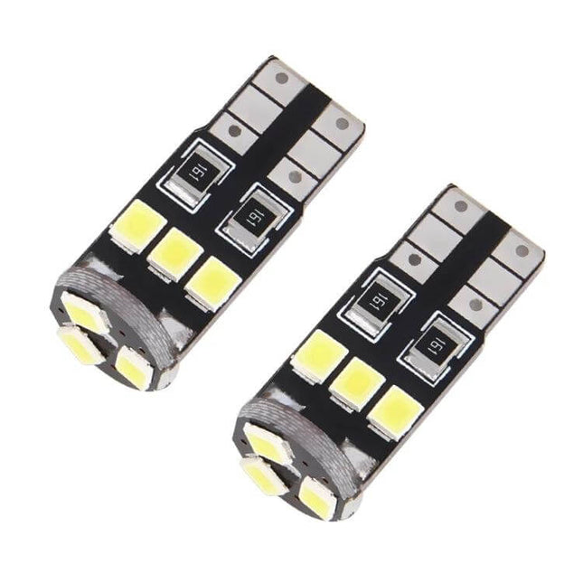 Car Interior LED Bulbs for Reading Lights at 6000K - pair of compact T10 LED bulbs showing multiple 6000K cool white SMD chips for dome/reading lights