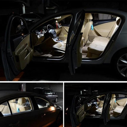Car Interior LED Bulbs for Reading Lights at 6000K illuminating beige sedan cabin with doors open for nighttime reading and visibility