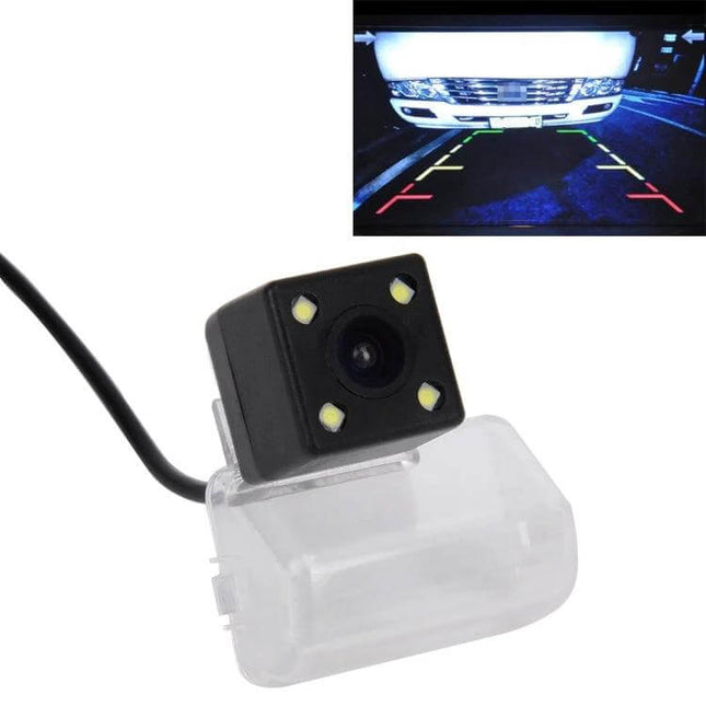 Waterproof Rear View Backup Camera with LED Lights for Mazda 6 mounted showing night parking view and LED illumination