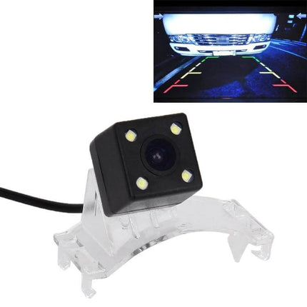 Night Vision Waterproof Wide Angle Rear View Camera for Mazda Vehicles showing waterproof cube camera with LEDs and night parking guide overlay