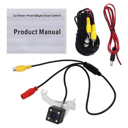 Night Vision Waterproof Wide Angle Rear View Camera for Mazda Vehicles shown with wiring, connectors and product manual