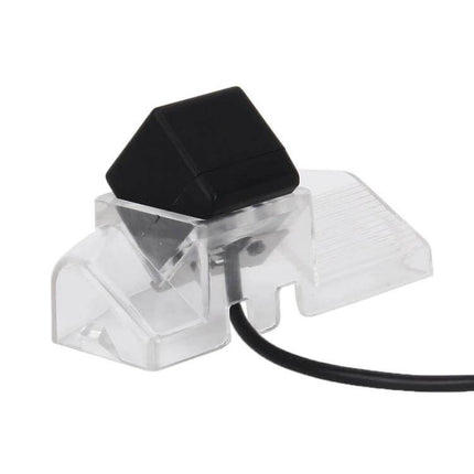 Mazda 2/3 Rear View Backup Camera with Night Vision Feature installed in clear housing showing camera and cable