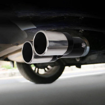 Universal Car Exhaust Tail Muffler Tip Stainless Steel Double Outlet mounted under vehicle showing shiny double round stainless steel tips
