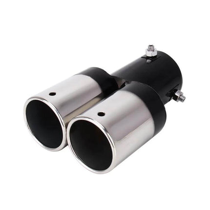 Universal Car Exhaust Tail Muffler Tip Stainless Steel Double Outlet - polished dual-tip muffler end with clamp-on black base
