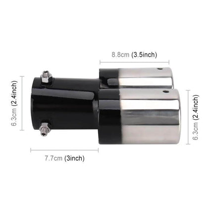 Universal Car Exhaust Tail Muffler Tip Stainless Steel Double Outlet black adapter with dual polished stainless tips and clamp dimensions shown