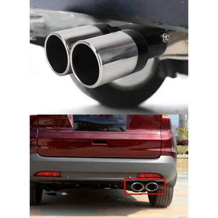 Universal Car Exhaust Tail Muffler Tip Stainless Steel Double Outlet polished stainless steel double exhaust tip shown installed on rear bumper