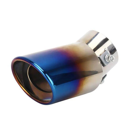 Curved Stainless Steel Car Exhaust Tail Muffler Tip 6cm Diameter - curved blue burnt titanium finish with three-bolt clamp, DIY no-weld installation