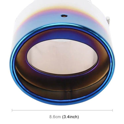 Curved Stainless Steel Car Exhaust Tail Muffler Tip 6cm Diameter showing blue burnt titanium finish, clamp and 6cm (approx) opening